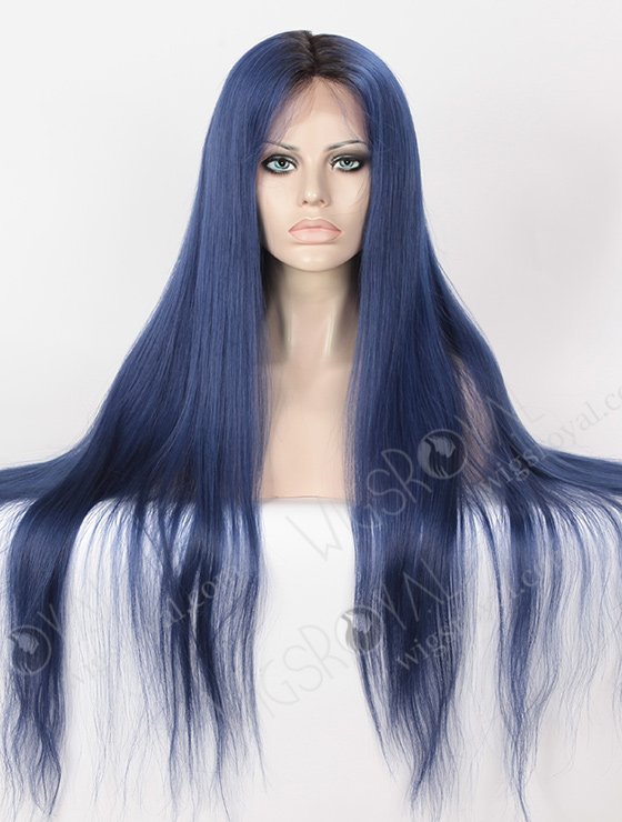 Dark Blue Wig with Black Roots 28 Inch Long Blue Human Hair Full Lace Wigs WR-LW-101-4108