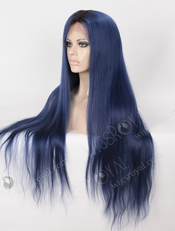 Dark Blue Wig with Black Roots 28 Inch Long Blue Human Hair Full Lace Wigs WR-LW-101-4109