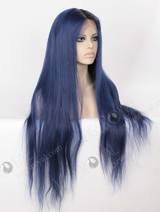Dark Blue Wig with Black Roots 28 Inch Long Blue Human Hair Full Lace Wigs WR-LW-101-4110