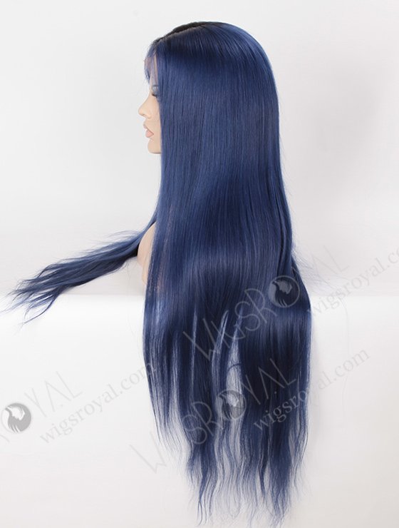 Dark Blue Wig with Black Roots 28 Inch Long Blue Human Hair Full Lace Wigs WR-LW-101-4111