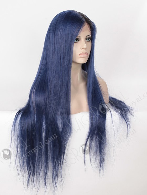 Dark Blue Wig with Black Roots 28 Inch Long Blue Human Hair Full Lace Wigs WR-LW-101-4113
