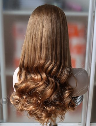 Light Brown Color European Virgin Bouncy Curl Human Hair Silk Top Full Lace Wigs WR-ST-040