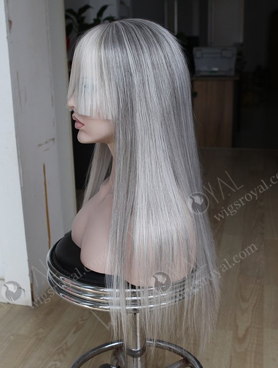 Grey Color Human Hair Hidden Knots Silk Top Full Lace Wigs With Bang WR-ST-041-7661