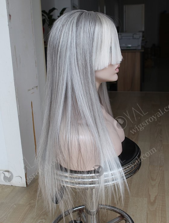 Grey Color Human Hair Hidden Knots Silk Top Full Lace Wigs With Bang WR-ST-041-7659