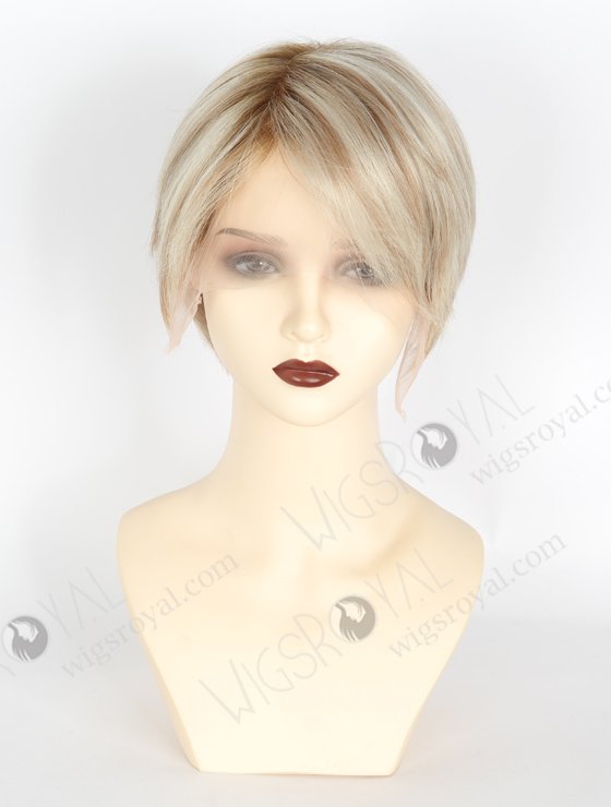 Short Pixie Cut Human Hair lace Front Wigs Stylish Platinum Blonde with Brown Highlights WR-CLF-038-22583