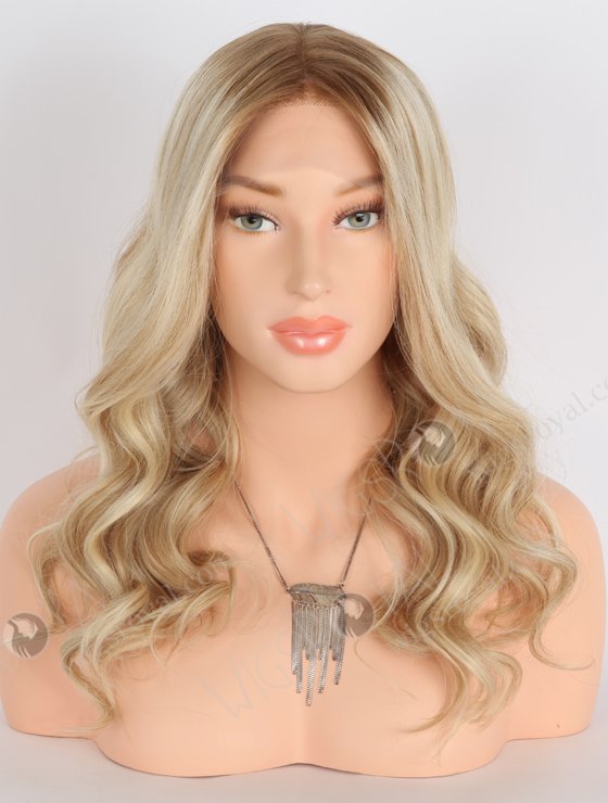 Glamorous Light Blonde Lace Front Wig with Brown Roots | 18 Inch Virgin European Hair Wavy Lace Front Wigs |  RLF-08005-23902