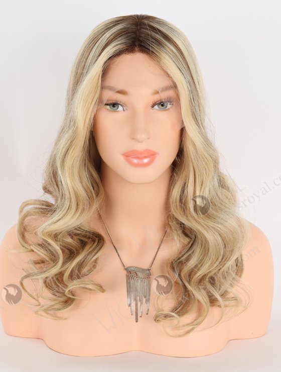 Silk Top Human Hair Wigs for Caucasian Blonde and Brown Highlights | In Stock European Virgin Hair 18" Beach Wave T4/22# with 4# highlights Color Lace Front Silk Top Glueless Wig GLL-08047-25331