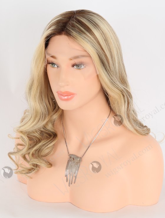Silk Top Human Hair Wigs for Caucasian Blonde and Brown Highlights | In Stock European Virgin Hair 18" Beach Wave T4/22# with 4# highlights Color Lace Front Silk Top Glueless Wig GLL-08047-25334