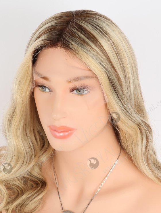 Silk Top Human Hair Wigs for Caucasian Blonde and Brown Highlights | In Stock European Virgin Hair 18" Beach Wave T4/22# with 4# highlights Color Lace Front Silk Top Glueless Wig GLL-08047-25336