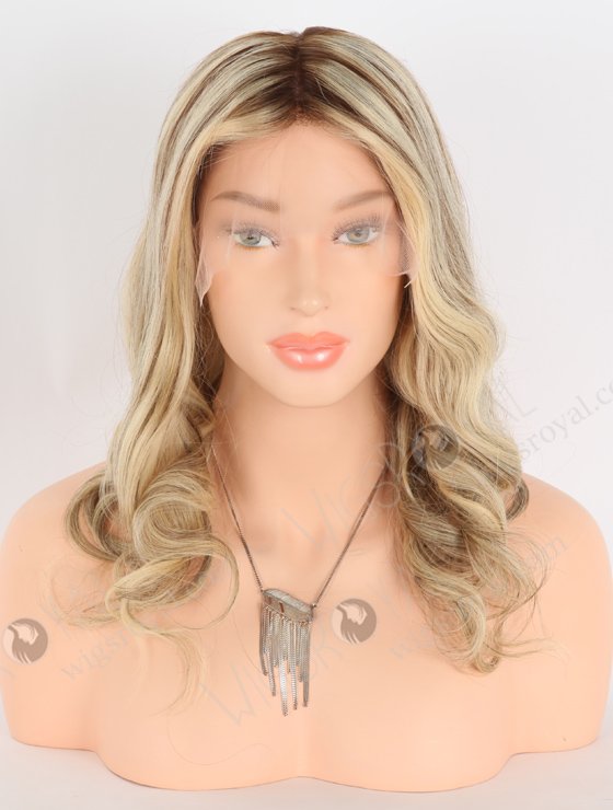 Gorgeous Wavy Hair Wigs Blonde with Brown Highlights | In Stock European Virgin Hair 16" Beach Wave T4/22# with 4# highlights Color Lace Front Silk Top Glueless Wig GLL-08046-25321