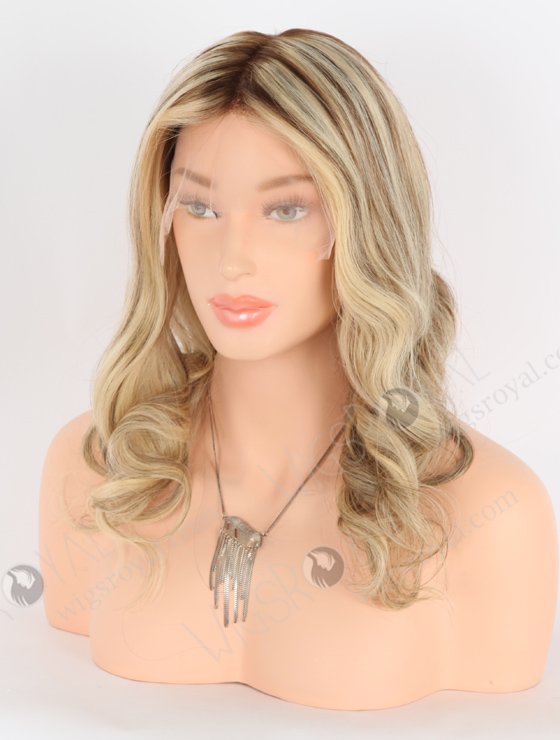 Gorgeous Wavy Hair Wigs Blonde with Brown Highlights | In Stock European Virgin Hair 16" Beach Wave T4/22# with 4# highlights Color Lace Front Silk Top Glueless Wig GLL-08046-25322