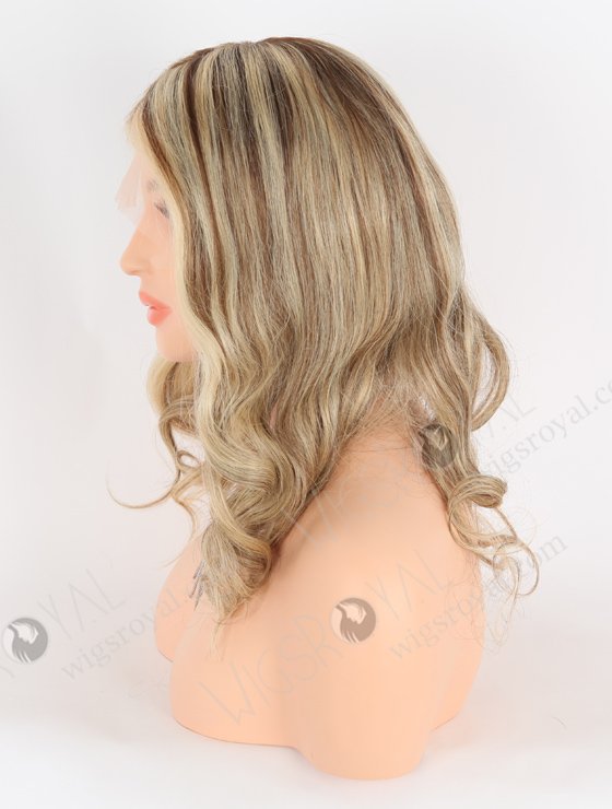 Gorgeous Wavy Hair Wigs Blonde with Brown Highlights | In Stock European Virgin Hair 16" Beach Wave T4/22# with 4# highlights Color Lace Front Silk Top Glueless Wig GLL-08046-25326