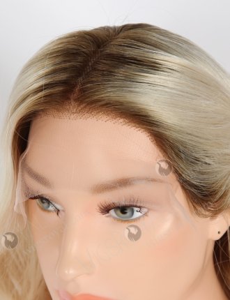 20 Inch 100% Human Hair Brown Roots Long Wavy Platinum Blonde Lace Front Wigs RLF-08038