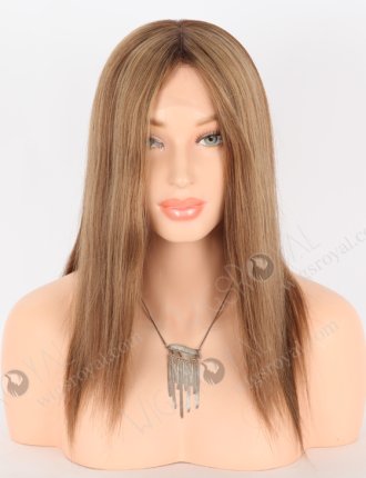 In Stock European Virgin Hair 14" All One Length Straight 8a/4/9# Highlights, Roots 4# Color Lace Front Silk Top Glueless Wig GLL-08070