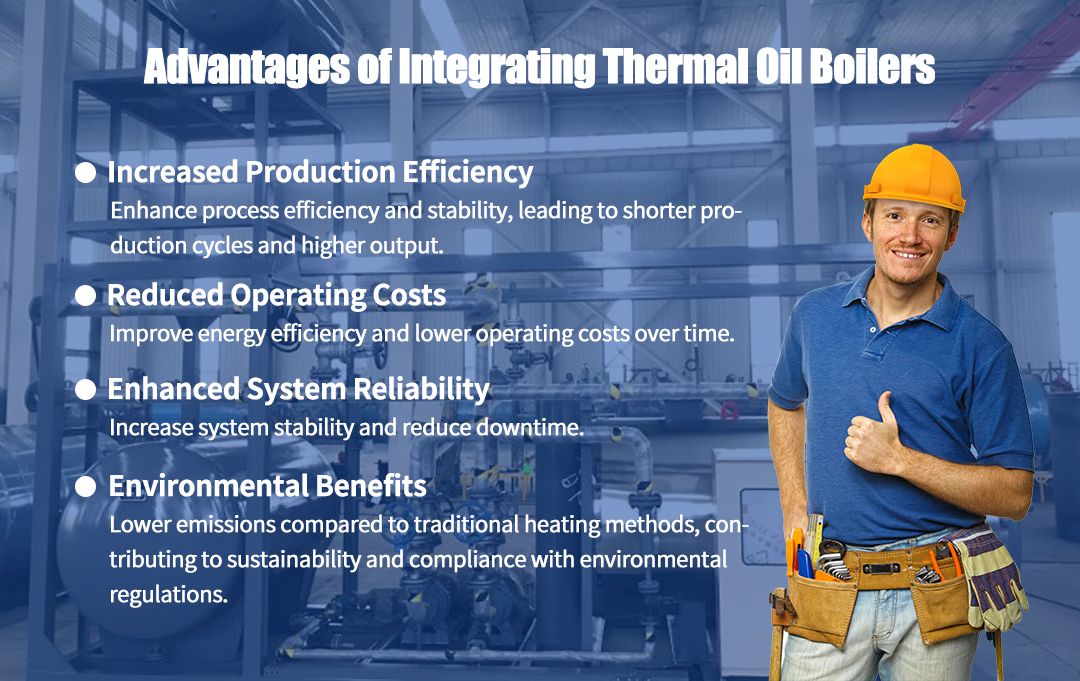 Advantages of integrating thermal oil boilers: increased production efficiency, reduced operating costs, enhanced system reliability, and environmental benefits Advantages of integrating thermal oil boilers: increased production efficiency, reduced operating costs, enhanced system reliability, and environmental benefits