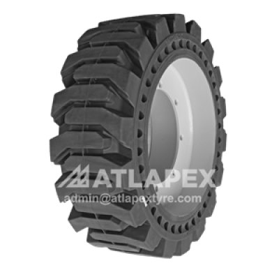 Neumáticos macizos moldeados para minicargadoras con patrón AP-SKS, disponibles en medidas 10-16.5 y 12-16.5.