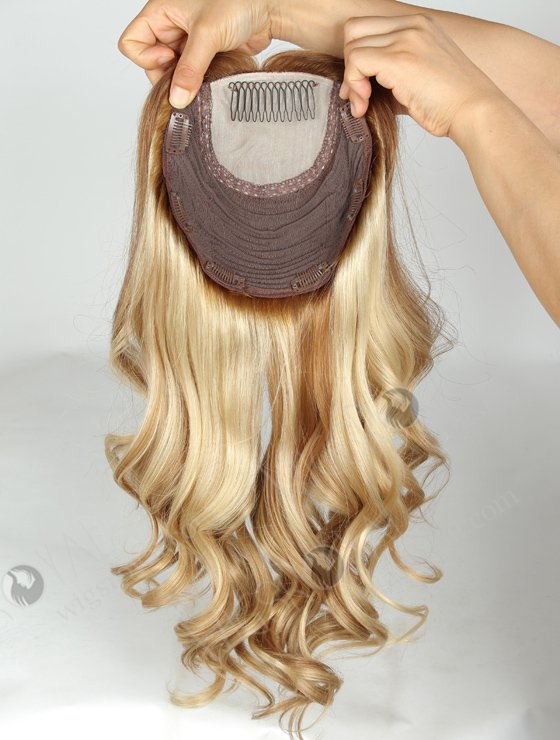 In Stock European Virgin Hair 18" One Length Beach Wave T8/613# with 8# Highlights 8"×8" Silk Top Wefted Hair Topper-020-709