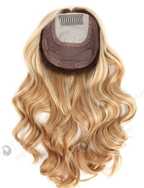 In Stock European Virgin Hair 16" Beach Wave T9/613# with T9/18# Highlights 7"×7" Silk Top Wefted Hair Topper-027