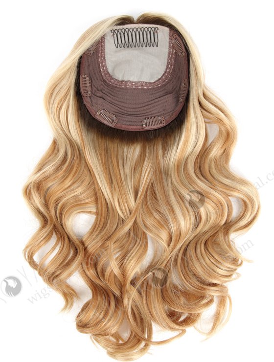 In Stock European Virgin Hair 16" Beach Wave T9/613# with T9/18# Highlights 7"×7" Silk Top Wefted Hair Topper-027
