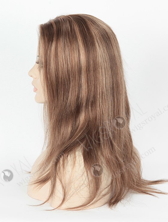 Straight Human Hair Wigs for Women Silk Top Realistic Parting 14 Inch Brown with Blonde Highlights GL-08004-2388