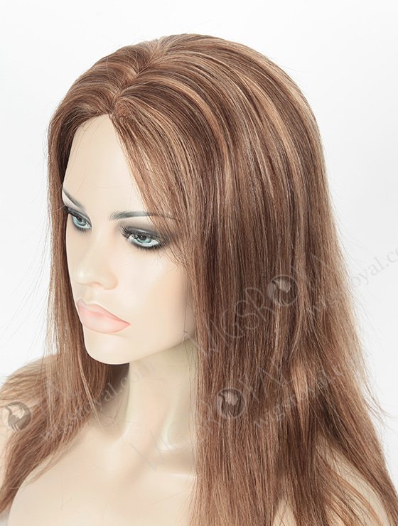 Straight Human Hair Wigs for Women Silk Top Realistic Parting 14 Inch Brown with Blonde Highlights GL-08004-2389