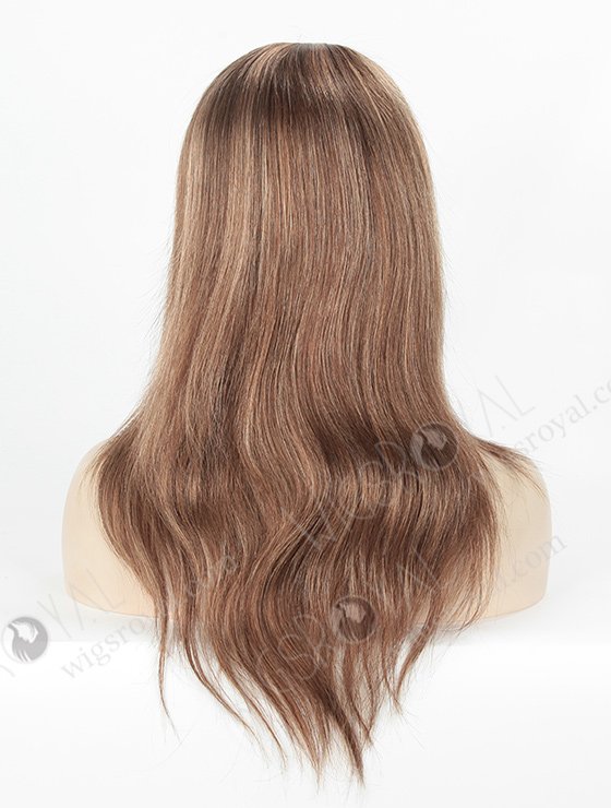 Straight Human Hair Wigs for Women Silk Top Realistic Parting 14 Inch Brown with Blonde Highlights GL-08004-2391