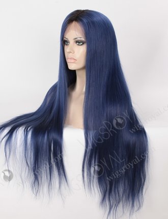 Dark Blue Wig with Black Roots 28 Inch Long Blue Human Hair Full Lace Wigs WR-LW-101