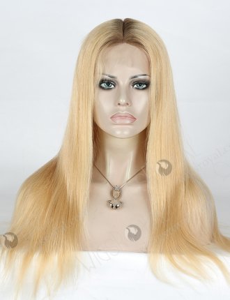 Natural Scalp Silk Top Full Lace Wigs in Stock 18 Inch Blonde with Brown Roots STW-711