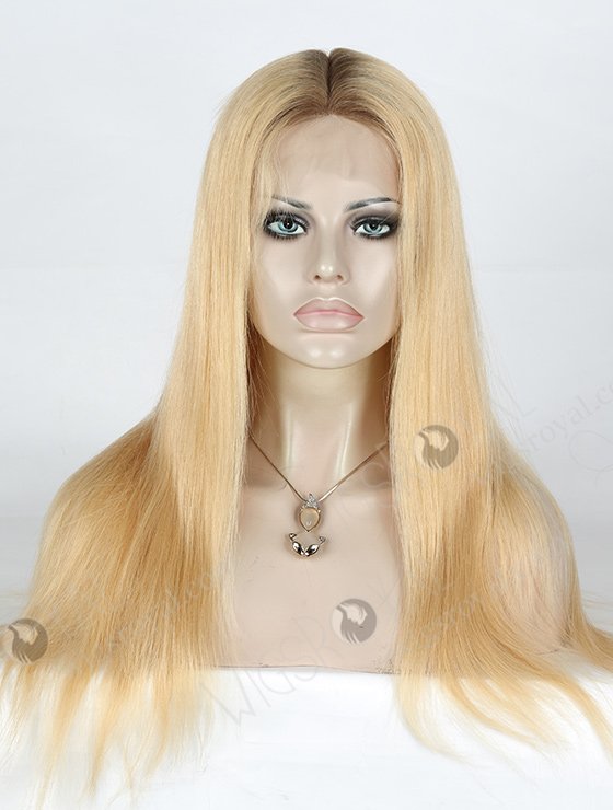 Natural Scalp Silk Top Full Lace Wigs in Stock 18 Inch Blonde with Brown Roots STW-711