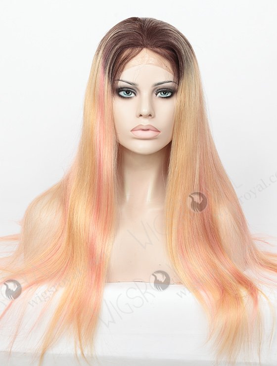 In Stock Brazilian Virgin Hair 22" Straight Root 3#, 24# With Pink Highlight Color Full Lace Wig FLW-04142-6348