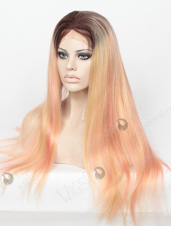 In Stock Brazilian Virgin Hair 22" Straight Root 3#, 24# With Pink Highlight Color Full Lace Wig FLW-04142-6349