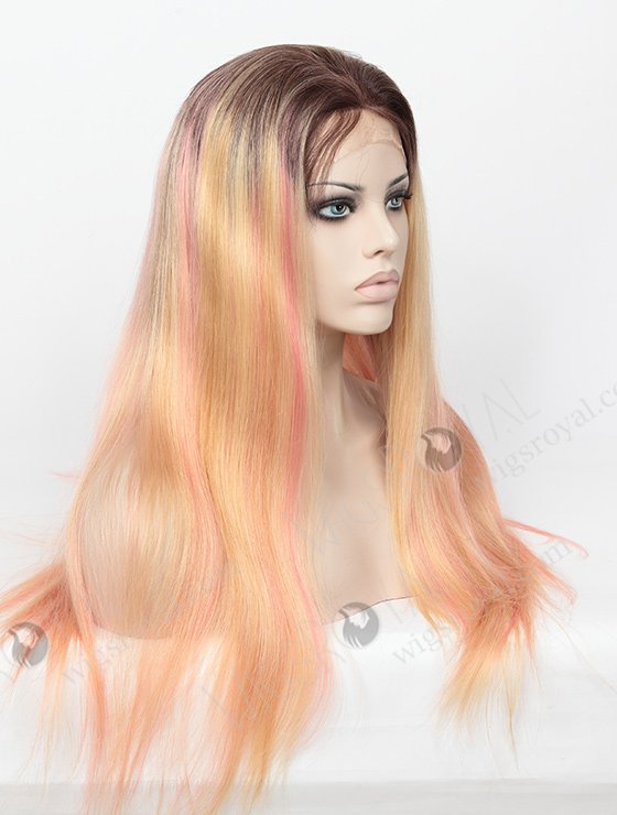 In Stock Brazilian Virgin Hair 22" Straight Root 3#, 24# With Pink Highlight Color Full Lace Wig FLW-04142-6350