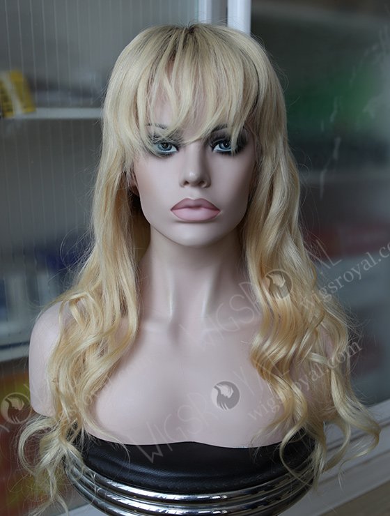 Dark Roots Human Hair Blonde Wigs with Bangs WR-GL-032-7824