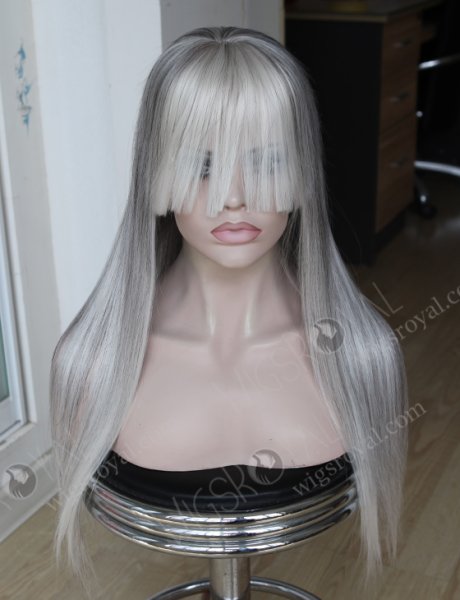 Grey Color Human Hair Hidden Knots Silk Top Full Lace Wigs With Bang WR-ST-041
