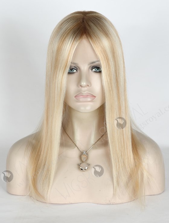 Best Natural Looking Wigs For Caucasian Blonde With Brown Roots Highlight Wig | In Stock European Virgin Hair 14" Straight T8/60/25/8# Highlights Color Lace Front Silk Top Glueless Wig GLL-08016-9417