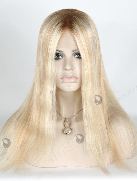 Best Online Wig Store For Women 100% Human Hair Rooted Blonde With Brown Highlights | In Stock European Virgin Hair 16" Straight T8/60/25/8# Highlights Color Lace Front Silk Top Glueless Wig GLL-08017-9613