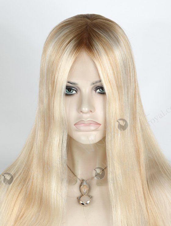 Best Online Wig Store For Women 100% Human Hair Rooted Blonde With Brown Highlights | In Stock European Virgin Hair 16" Straight T8/60/25/8# Highlights Color Lace Front Silk Top Glueless Wig GLL-08017-9614