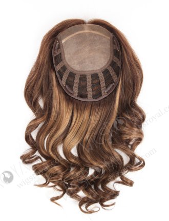Best Brown Human Hair Toppers with Highlights for Women | In Stock European Virgin Hair 16" Beach Wave 3/8# highlights with roots 3# 7"×8" Silk Top Open Weft Human Hair Topper-063