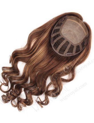 Affordable Highlighted Curly Hair Toppers for Thinning Crown | In Stock European Virgin Hair 18" Beach Wave 3/8# highlights with roots 3# 7"×8" Silk Top Open Weft Human Hair Topper-064