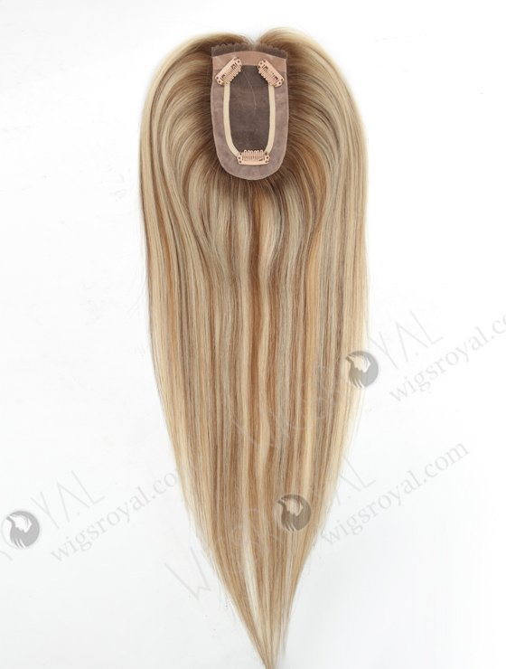 Light Volume Rooted Blonde with Brown Lowlights Small Base Mono Hair Topper | In Stock 2.75"*5.25" European Virgin Hair 16" Straight Color T9/60# with 9# Highlights Monofilament Hair Topper-083-19338