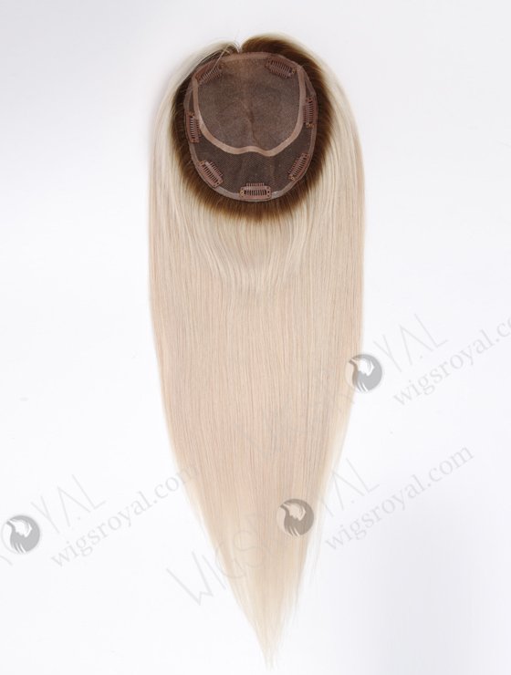 16 Inch Full Volume Silk Top Hair Topper Stunning White Blonde with Brown Roots European Virgin Hair Topper-114 