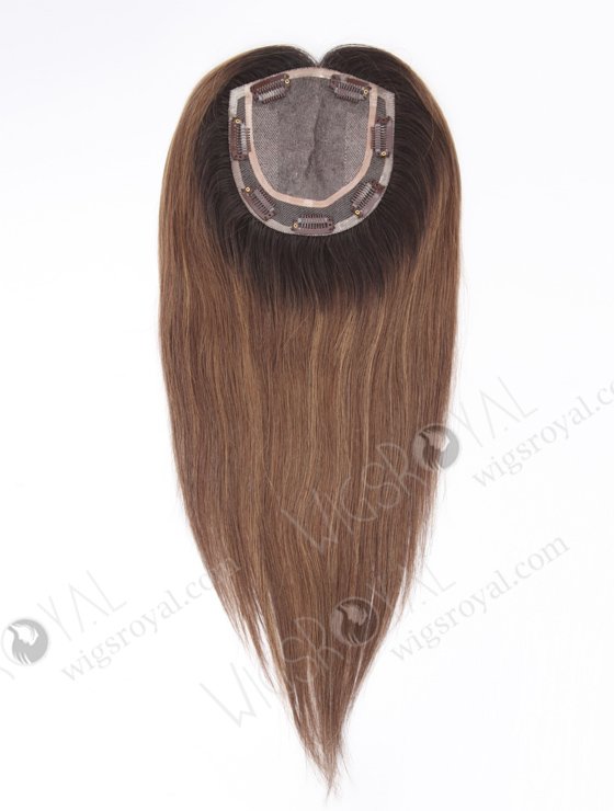 Invisible Brown Hair Toppers with Darker Roots 16 Inch European Remy Human Hair Topper-111