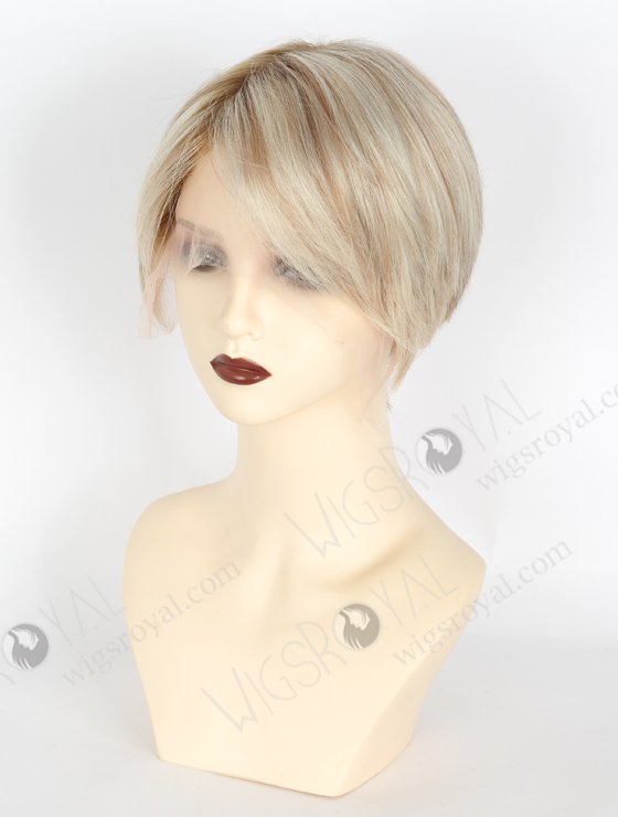 Short Pixie Cut Human Hair lace Front Wigs Stylish Platinum Blonde with Brown Highlights WR-CLF-038-22584
