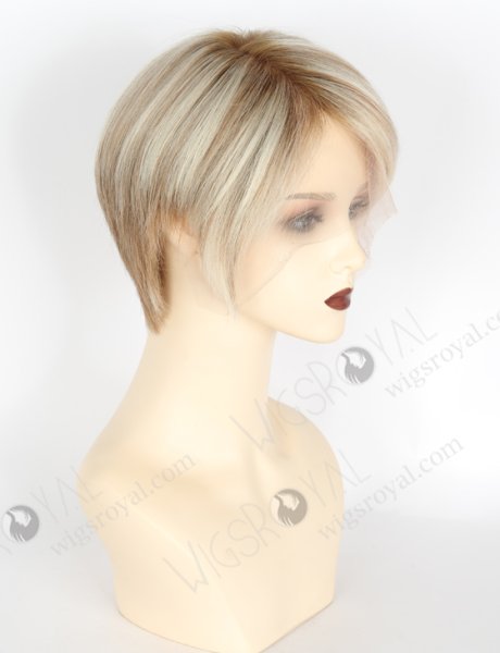 Short Pixie Cut Human Hair lace Front Wigs Stylish Platinum Blonde with Brown Highlights WR-CLF-038