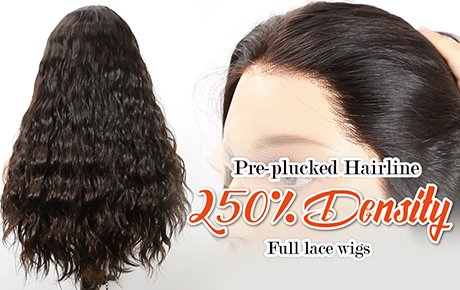 20''Brazilian virgin wavy black color human hair full lace wig 250% density