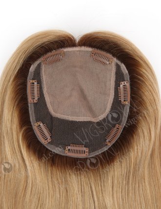 Clip On Silk Base Real Hair Toppers for Thinning Hair 16 Inch Brown Roots Medium Blonde Topper-147