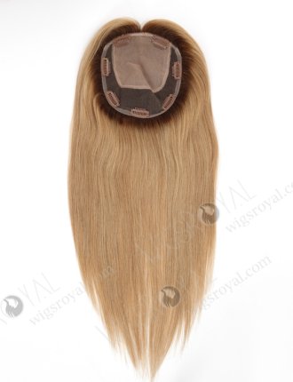 Clip On Silk Base Real Hair Toppers for Thinning Hair 16 Inch Brown Roots Medium Blonde Topper-147