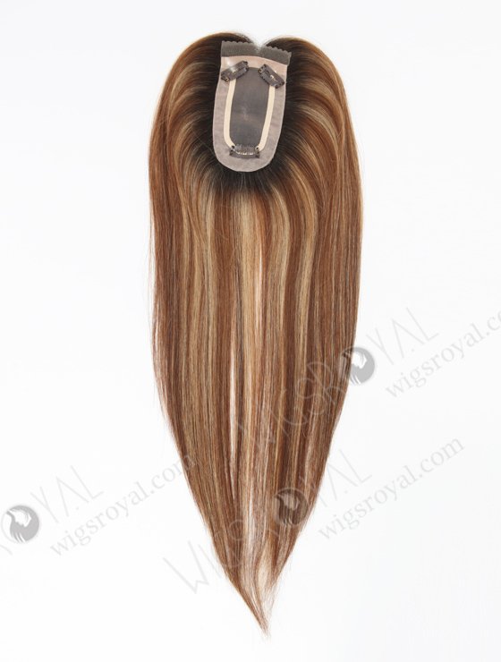 In Stock 2.75"*5.25" European Virgin Hair 16" Straight 6# with 27# Highlgihts, Natural Color Roots Monofilament Hair Topper-118-23087
