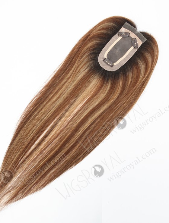 In Stock 2.75"*5.25" European Virgin Hair 16" Straight 6# with 27# Highlgihts, Natural Color Roots Monofilament Hair Topper-118-23086
