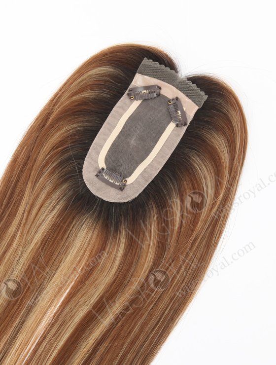 In Stock 2.75"*5.25" European Virgin Hair 16" Straight 6# with 27# Highlgihts, Natural Color Roots Monofilament Hair Topper-118-23085